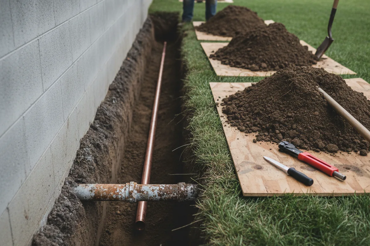 Excavated water line trench during Water Heater Repair in Dallas